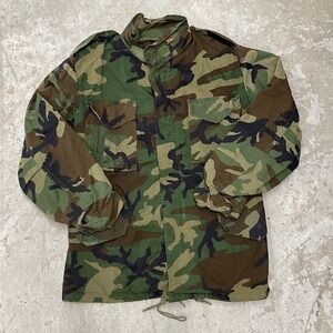 Vintage Military Jacket S Regular Coat Cold Weather Field OG 107 Woodland Hooded